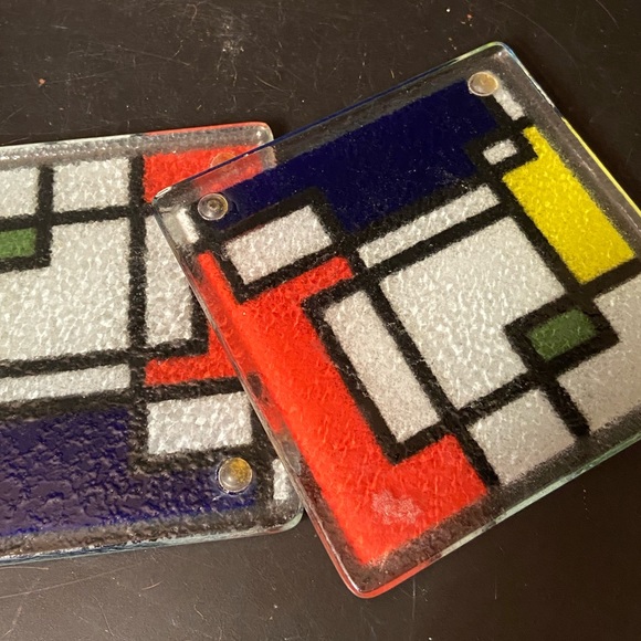 Mondrian Style Design Set of 2 Glass Wine Glass Colorblock Coasters 4" - Picture 2 of 3